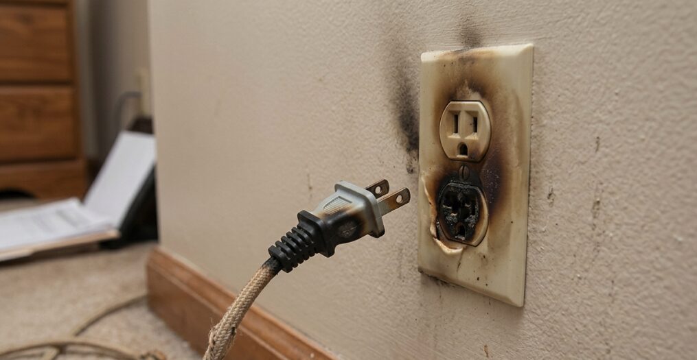 Burnt plugs or sockets caused by substandard outlets or overheating.