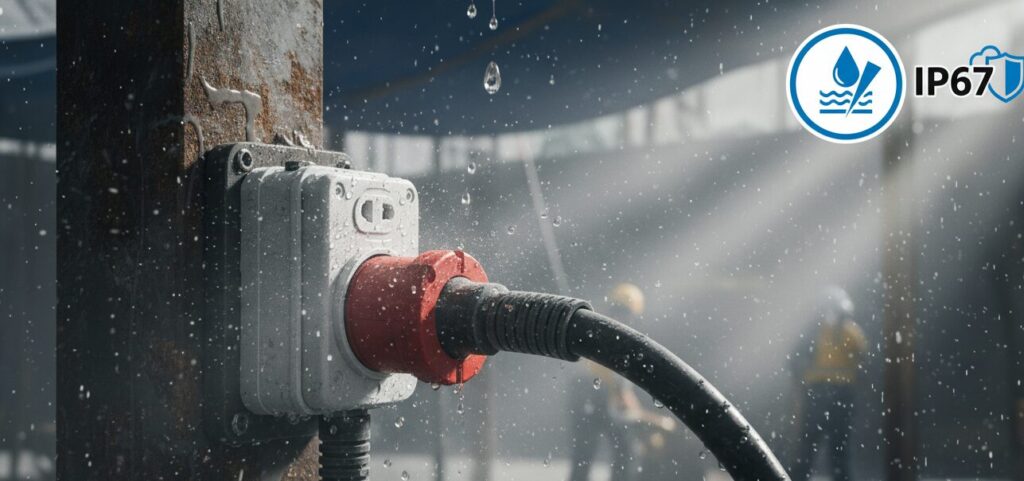 Actual photos of industrial sockets in use at wet and dusty work sites.