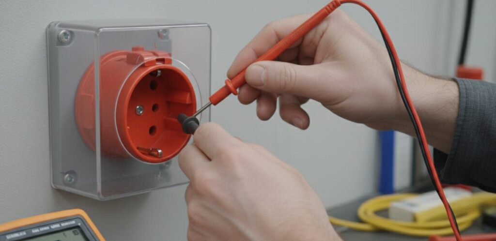 Insert the red and black test leads into the industrial socket.