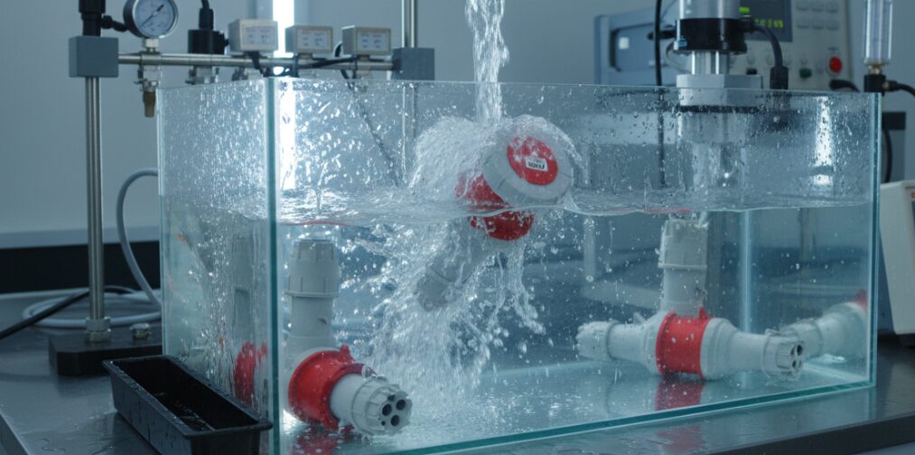 The waterproof equipment is undergoing water flow and immersion testing.