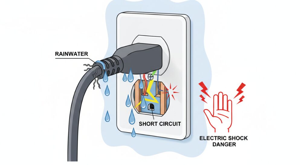 Rainwater seeped into the ordinary socket along the wires.