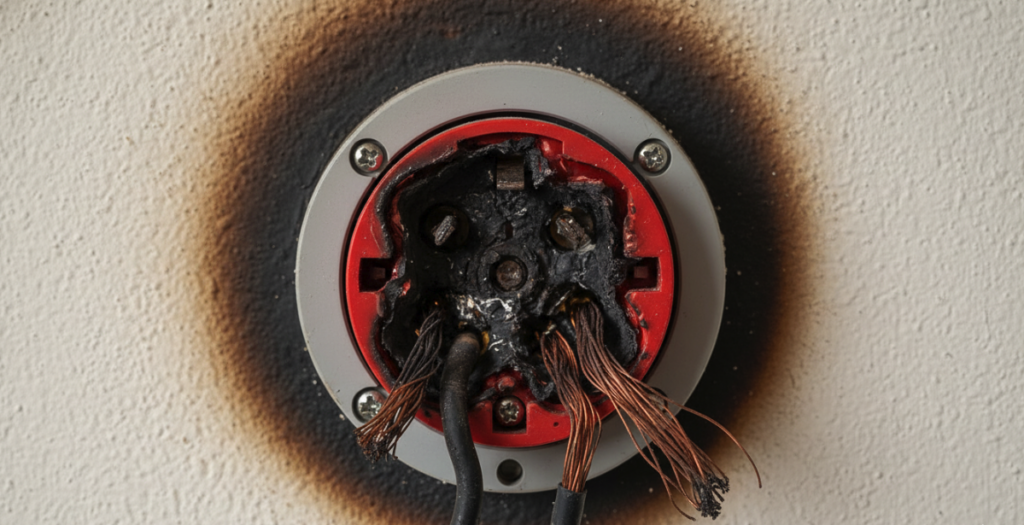 A socket backplate scorched and discolored internally due to arcing.
