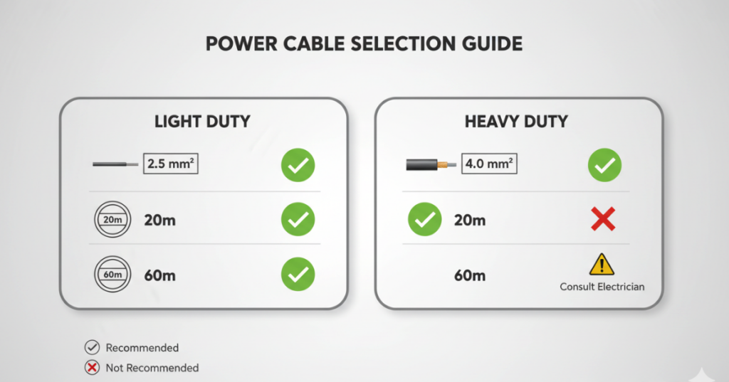 The cable specification selection reference chart displays a comparison of different cable lengths (20m, 40m, 60m) alongside their recommended cable sizes (2.5mm², 4mm²).