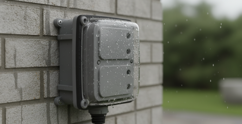 A real-life photo of an installed IP66-rated waterproof outdoor socket.