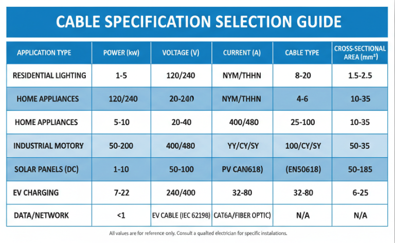 Cable Specification Selection Reference Table