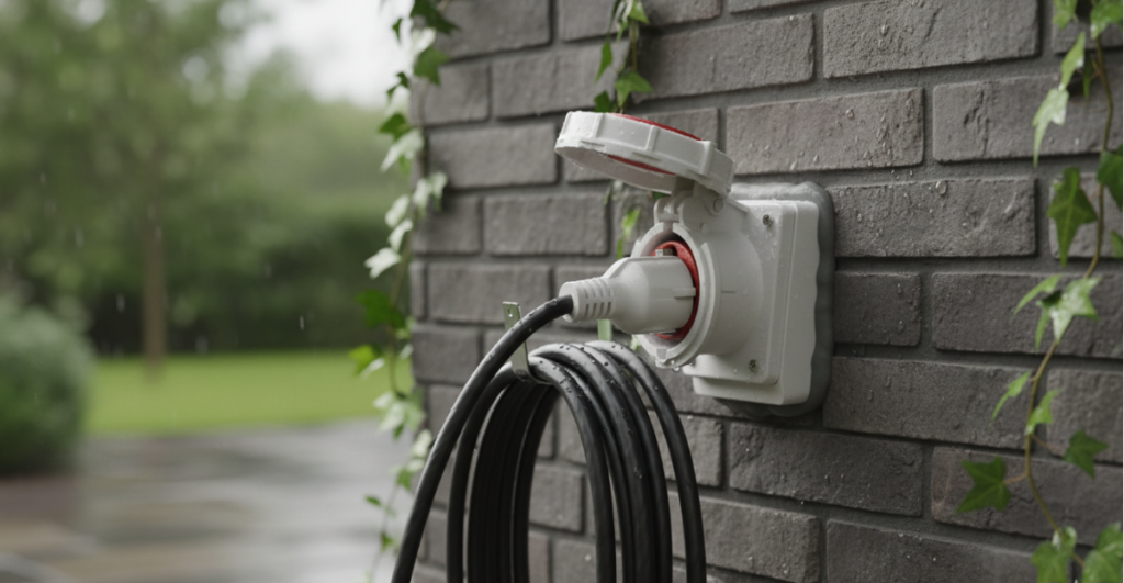 A real-life photo of an installed IP66-rated waterproof outdoor socket.