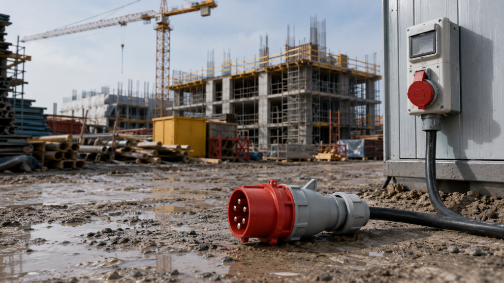 A 400V IP44 industrial plug is suitable for use at temporary construction sites.