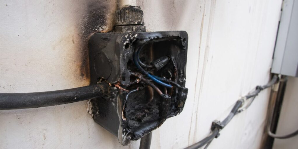 Burned electrical wires caused by poor heat dissipation inside a sealed junction box