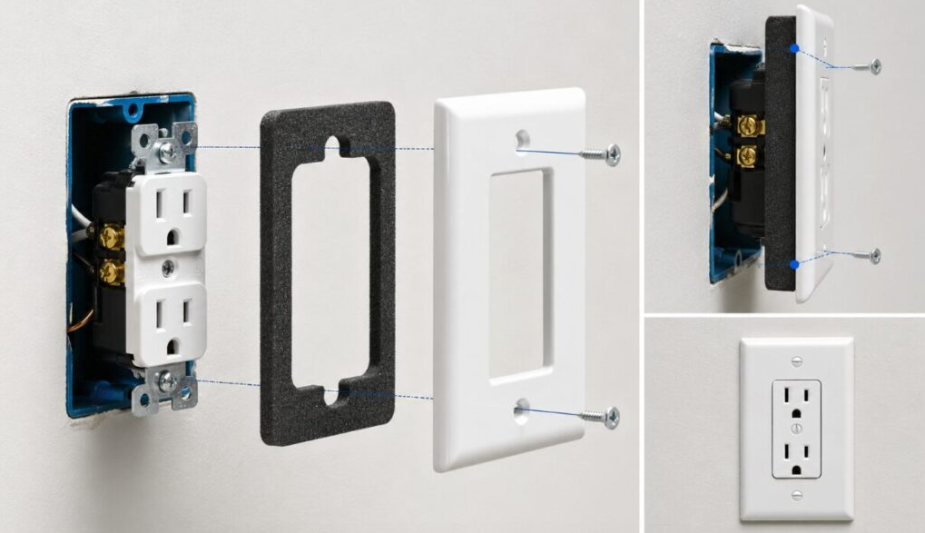 Exploded view of a foam outlet gasket installed between outlet and wall plate