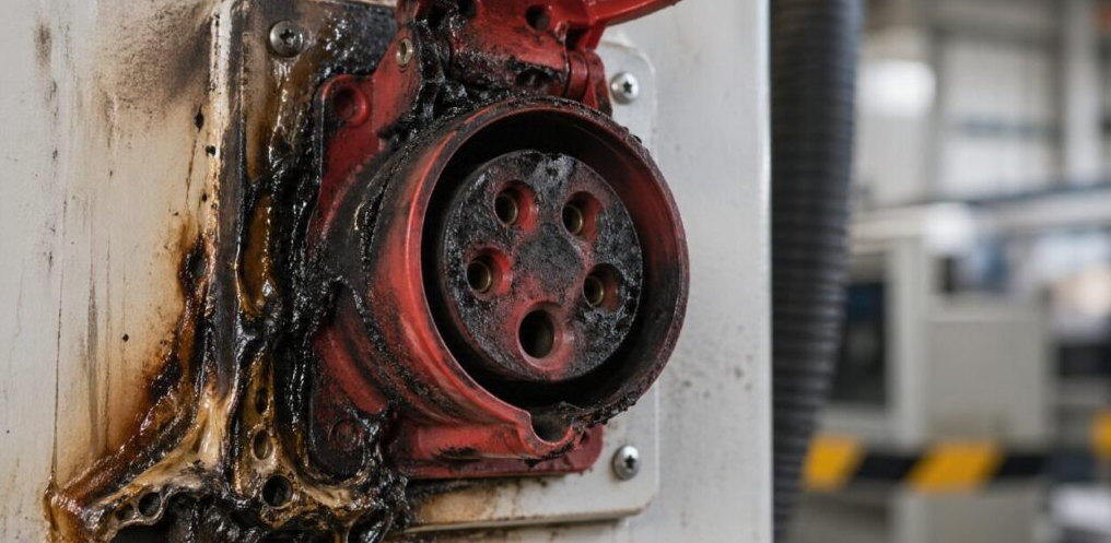 Burned industrial socket with melted plastic caused by electrical overheating in a factory environment