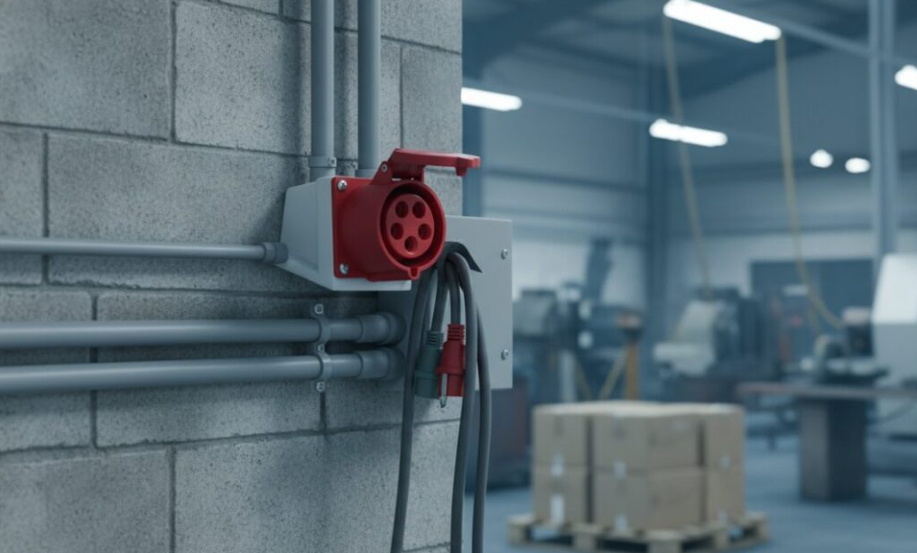 Industrial plugs are mounted on the wall.