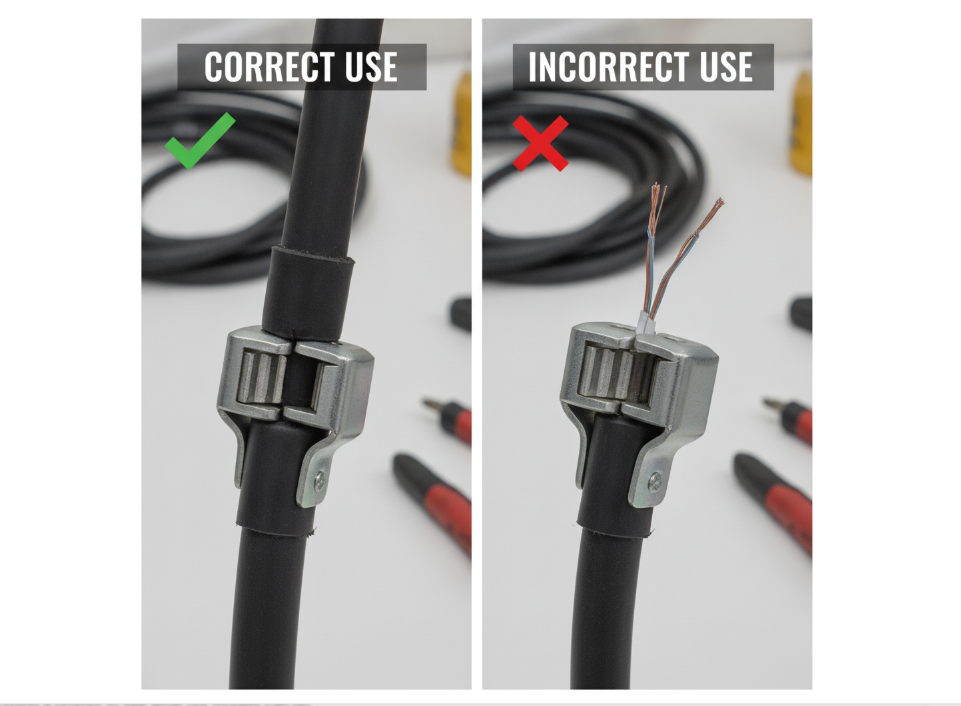 Close-up drawing of the correct use of cord clamp to bite the outer thick rubber skin tightly