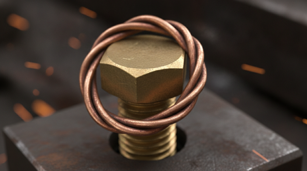 Clockwise bent copper wire tightly wrapped under brass screw