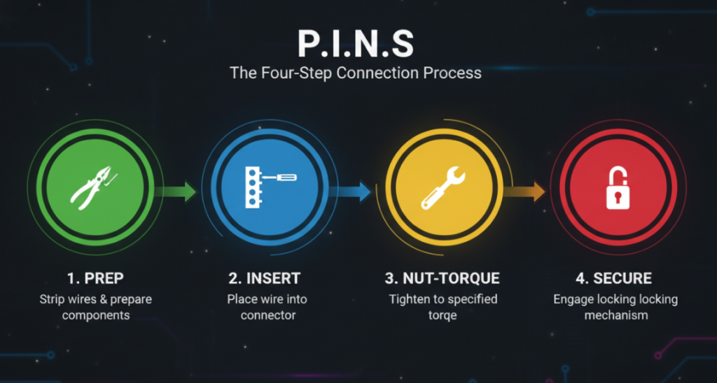 An infographic displaying a visual flowchart of the four P.I.N.S. steps—Prep, Insert, Nut-Torque, and Secure—with each icon accompanied by the silhouette of the corresponding tool, such as wire strippers or a screwdriver.