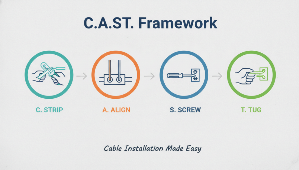 the C.A.S.T. framework with 4 visual icons showing a cable being stripped, aligned, screwed, and pulled.