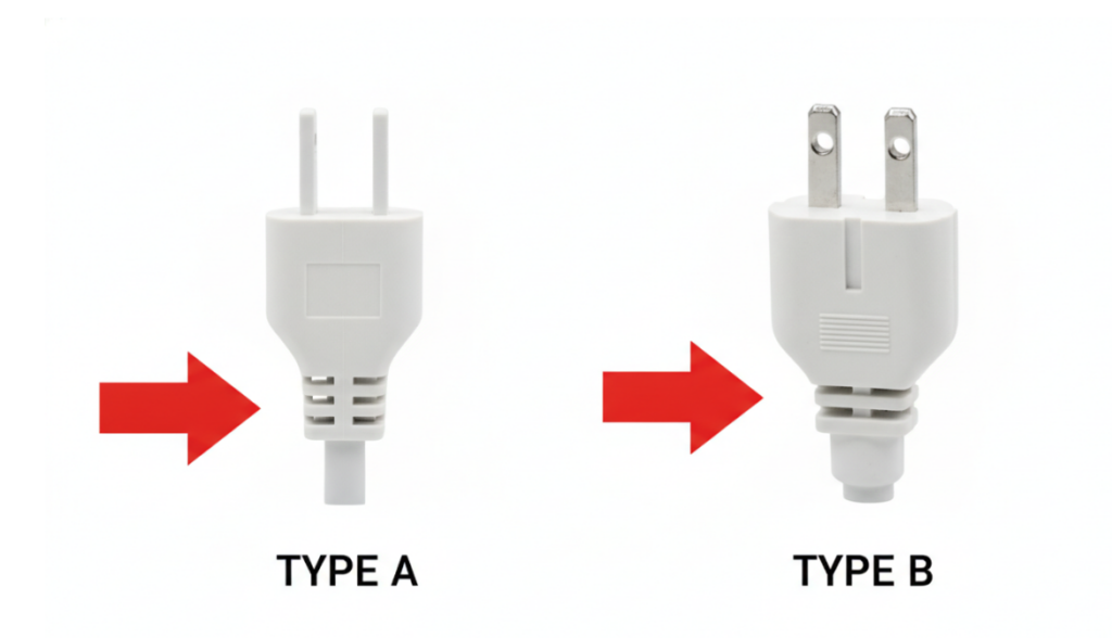a Type A plug next to a Type B plug, with red arrows pointing to the grounding pin