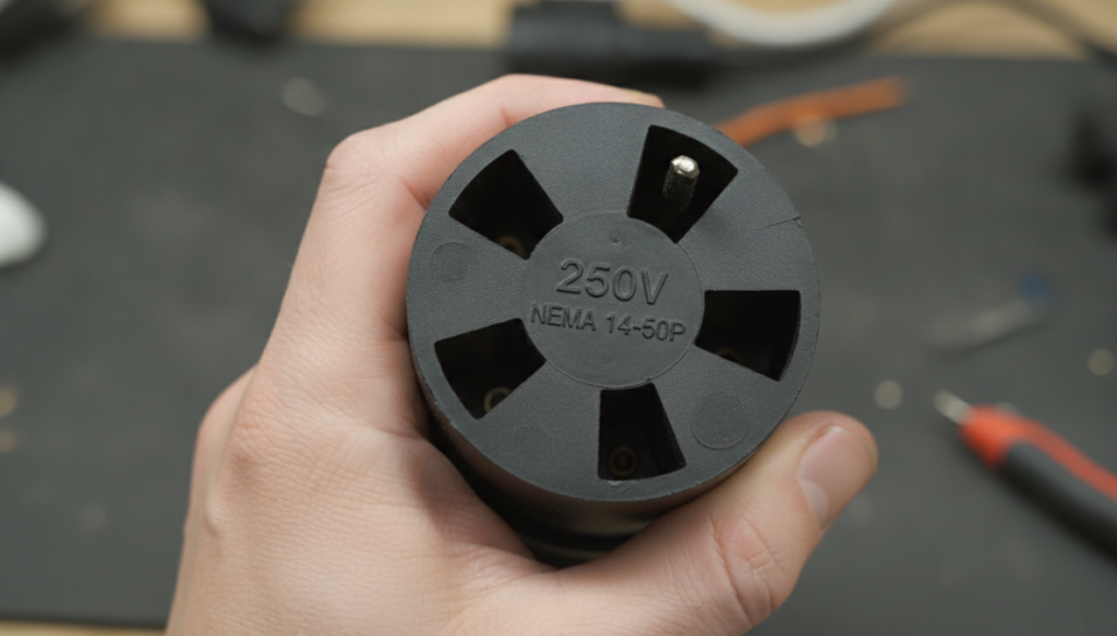 a hand turning a 220V plug over, zooming in on the “250V” and “NEMA 14-50P” text embossed on the plastic face.