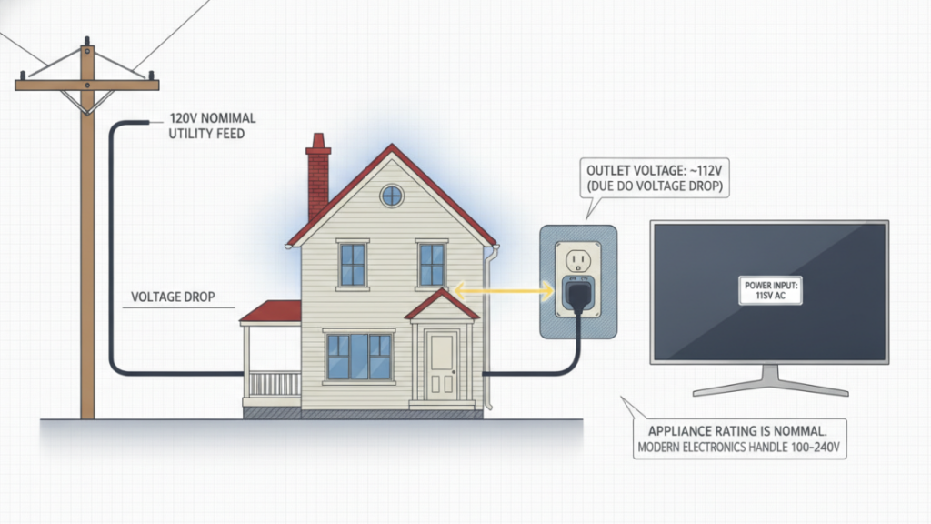 An infographic illustrating why 110V, 115V, and 120V are identical, showing a 120V utility pole experiencing voltage drop to deliver 112V at an older house's outlet, which powers a TV labeled 115V.