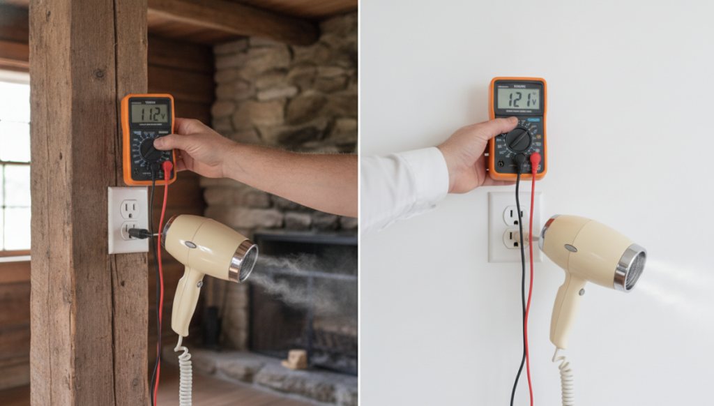 Multimeters showing 112V at an old house outlet and 121V at a new house outlet, with a hair dryer running normally in both.