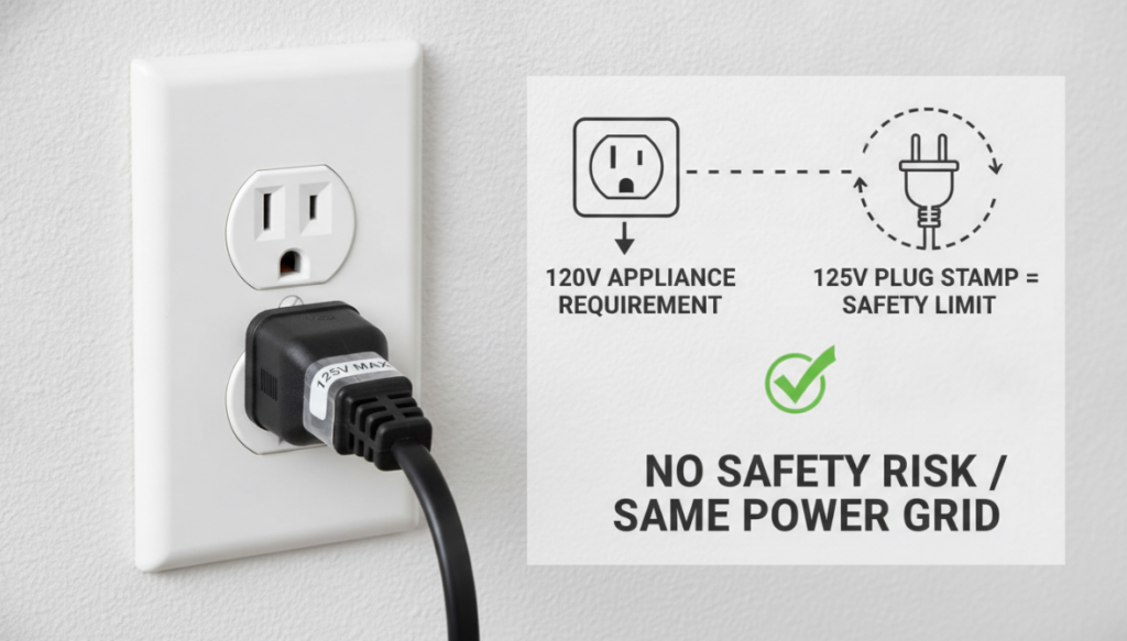 Infographic explaining that a 125V plug stamp is a safety limit and poses no risk for 120V appliances on the same power grid.