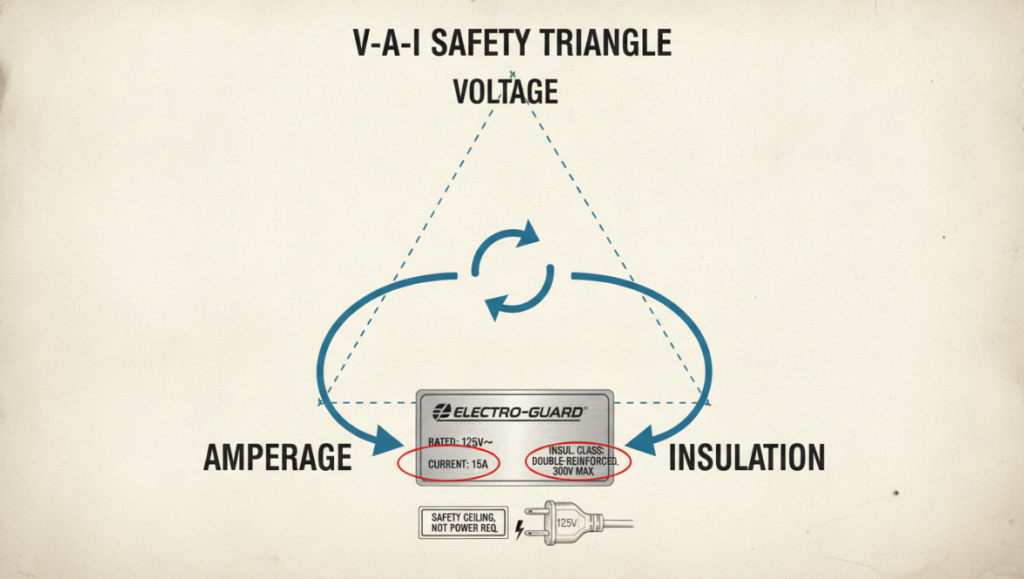 Infographic of the V-A-I Safety Triangle showing Voltage, Amperage, and Insulation ratings on an appliance label.