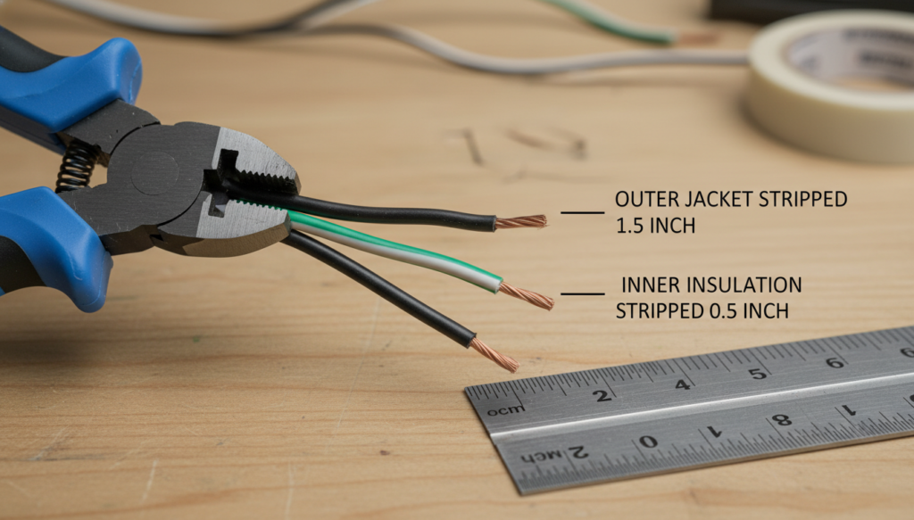 Proper stripping lengths for 110v 3 prong plug wiring