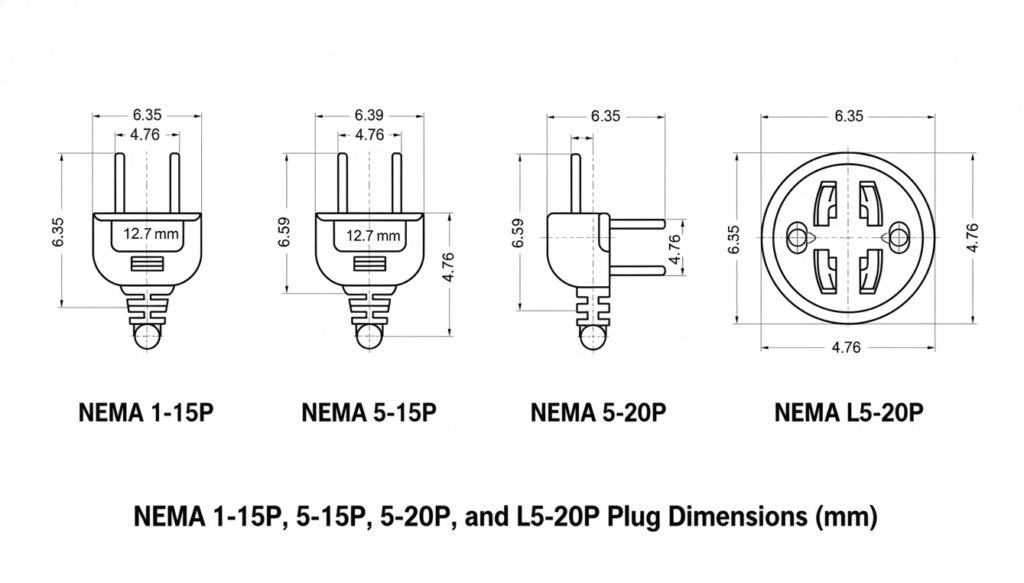 NEMA 1-15, 5-15, 5-20, and L5-20 side-by-side with exact millimeter dimensions for the blades