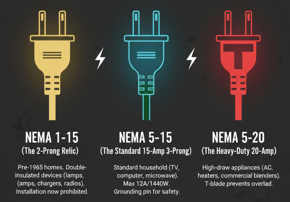 NEMA 1-15, NEMA 5-15, and NEMA 5-20 plugs side-by-side with distinct color-coding for their specific prongs