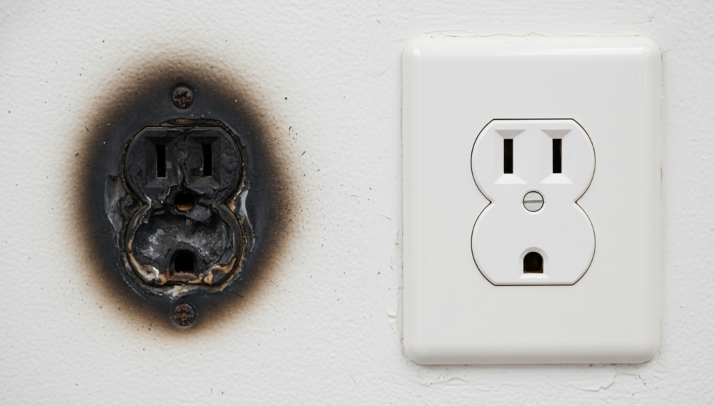 a charred NEMA 5-15 wall receptacle next to a brand new one