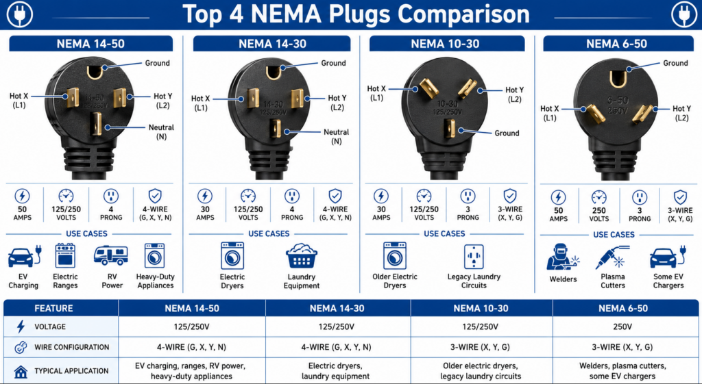 Please insert a high-quality infographic here showing the top 4 NEMA plugs (14-50, 14-30, 10-30, 6-50) side-by-side with clear labels indicating prongs and use cases.