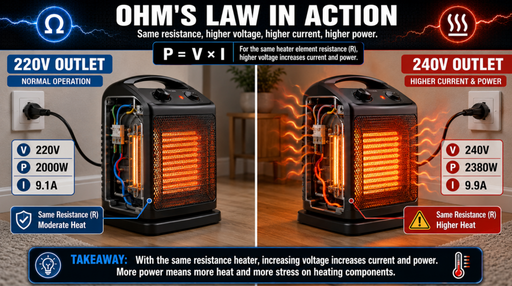 An infographic showing Ohm’s Law in action. A split-screen visual: On the left, a 220V heater pulling 2000W at 9 amps. On the right, the exact same heater plugged into a 240V outlet, pulling 2380W at nearly 10 amps, with heat waves radiating off the internal wiring.