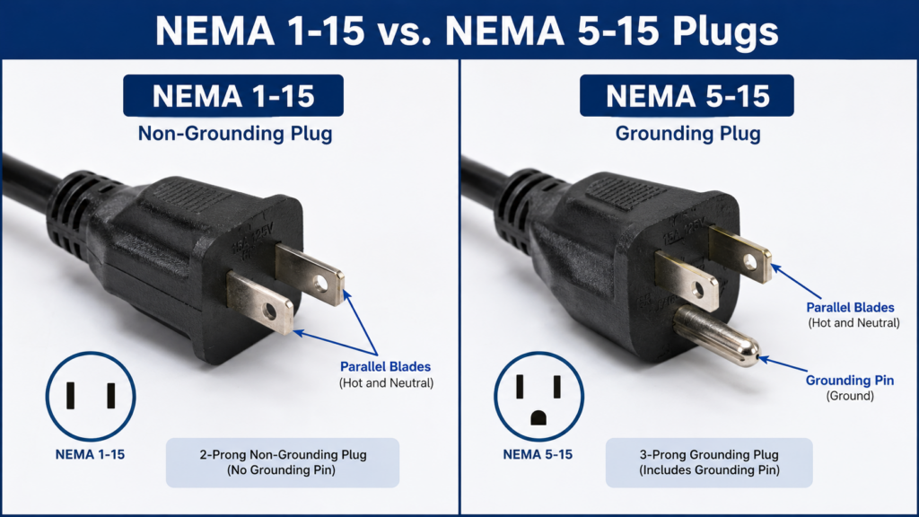 A Side-By-Side Comparison Image Featuring A Non-Grounded Nema 1-15 Plug And A Grounded Nema 5-15 Plug, With Labels Pointing To The Parallel Blades And The Grounding Pin.