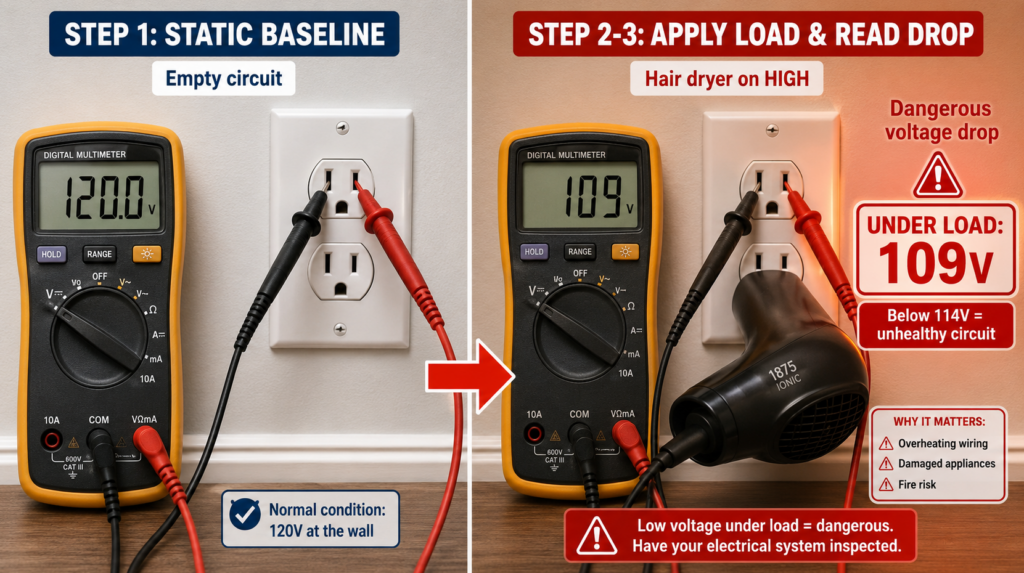 A split-screen photograph. The left side shows a multimeter reading 120V on an empty outlet. The right side shows a hair dryer plugged into the bottom socket running on high, with the multimeter in the top socket reading a dangerous 109V, with a bright red warning arrow pointing to the voltage drop.