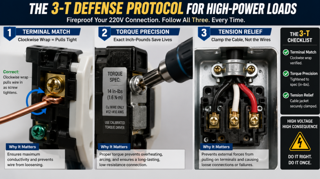 Insert a high-resolution infographic illustrating the 3-T Framework, zooming in on the clockwise wire wrap and the torque screwdriver application