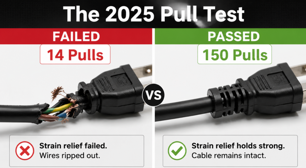 A split-screen infographic chart titled “The 2025 Pull Test”. The left side shows a failed plug with ripped wires and a “14 Pulls” label. The right side shows an intact plug with the strain relief clamped properly on the outer jacket, labeled “150 Pulls”.