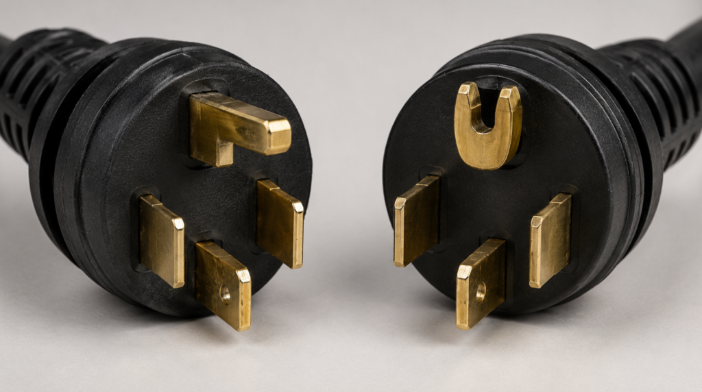 A macro photo highlighting the L-shaped pin of a 14-30 plug directly next to the U-shaped pin of a 14-50 plug.