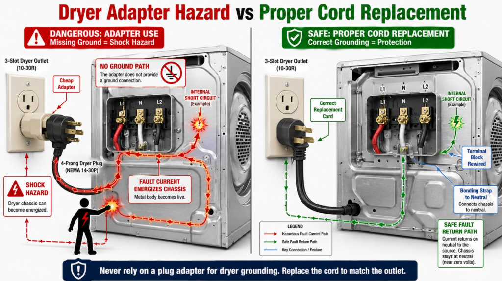A technical infographic showing the dangerous current path of an ungrounded dryer chassis using an adapter, versus the safe path of a properly hardwired replacement cord.