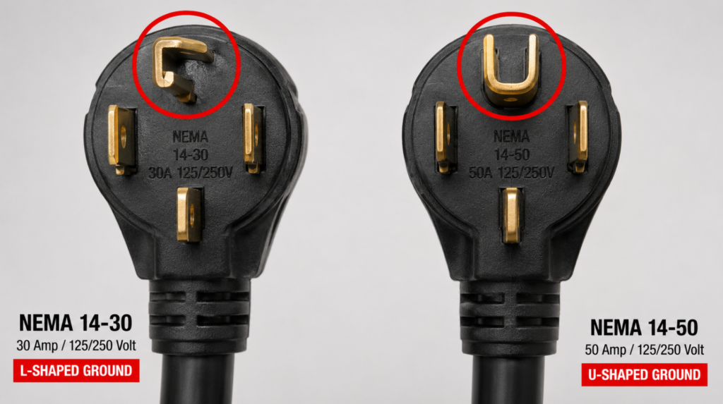 A high-resolution side-by-side macro photo of a NEMA 14-30 plug and a NEMA 14-50 plug, with red circles highlighting the L-shape vs. U-shape center pins.