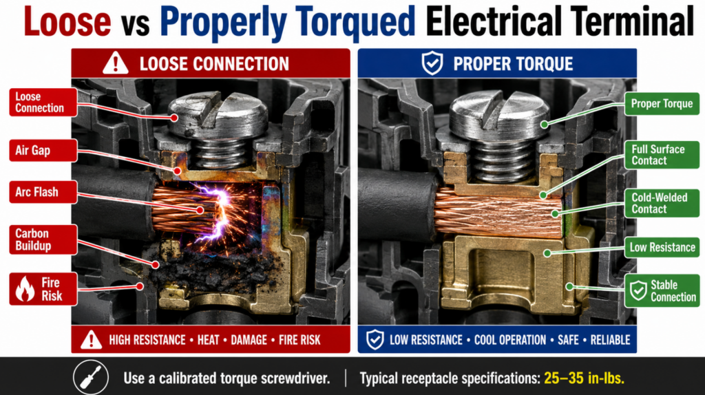 An infographic showing a cross-section of a poorly tightened electrical terminal causing arc flashes, directly compared to a properly torqued terminal creating a cold-welded surface contact.